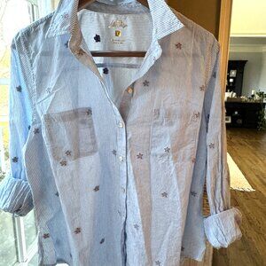 LILLY PULITZER sea view button down top in hydra blue seaside star jacquard - L